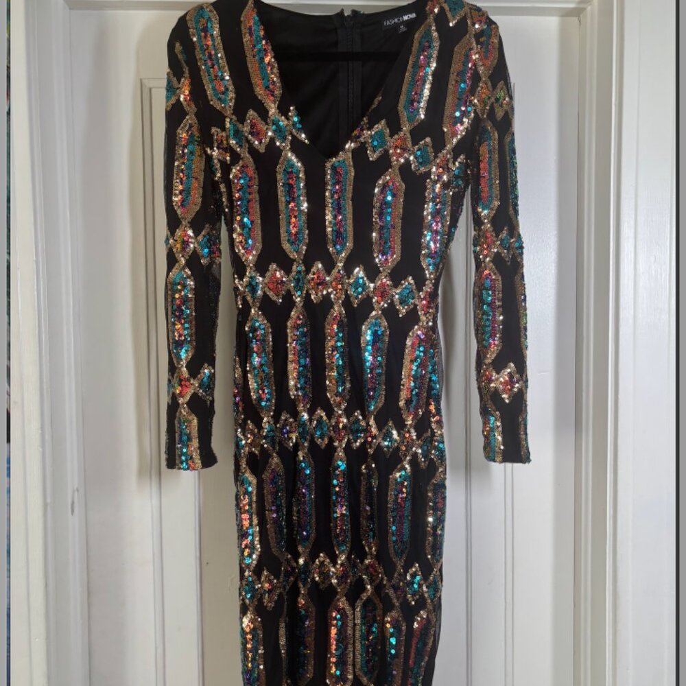 Black with Sequins V-neck long Sleeve Midi dress